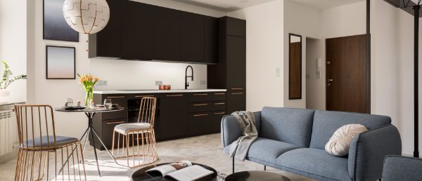 Aruca White Quartz Countertop in Kitchen and Living Room area
