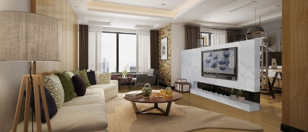 Calacatta Abezzo Q Surface Slab as Partial Wall in Living Room