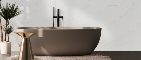 Calacatta Duolina Quartz Slab in Bathroom Wall