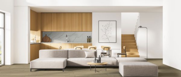 Calacatta Idillio Q Surface Wall in Kitchen and Living area