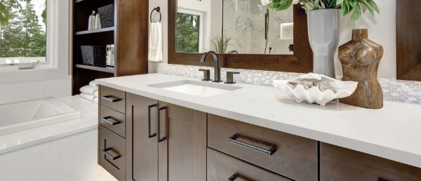 Carrara Trigato Quartz Countertop in Bathroom Vanity