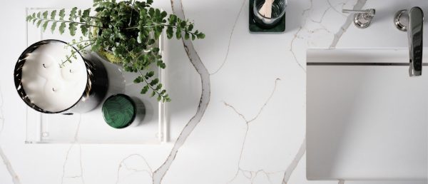 New Calacatta Laza Gold Quartz Countertop Vignette