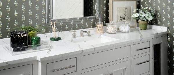 New Calacatta Laza Gold Quartz Countertop in Bathroom Vanity