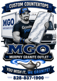 The Granite Genie, Murphy Granite Outlet's shop character, holding a slab in front of the MGO truck